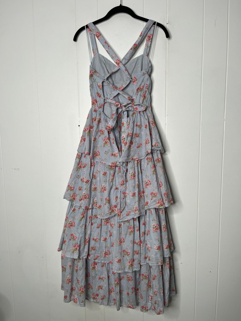Abercrombie & Fitch Light Blue Floral Tiered Maxi Dress Lace-Up Back - Picture 3 of 9